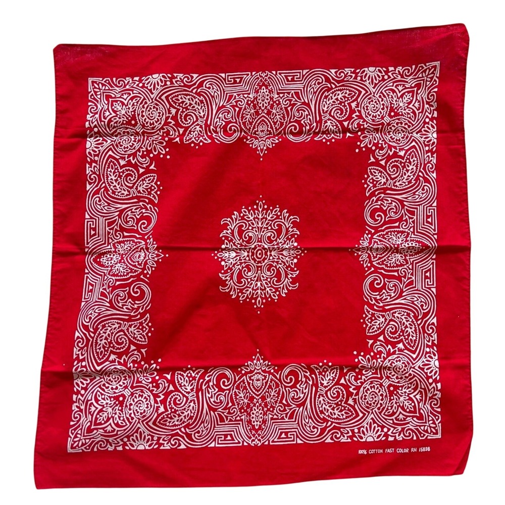 VTG 1950 Bandana 20" Cotton Fast Color RN 15898 red USA Aztec Paisley Geometic